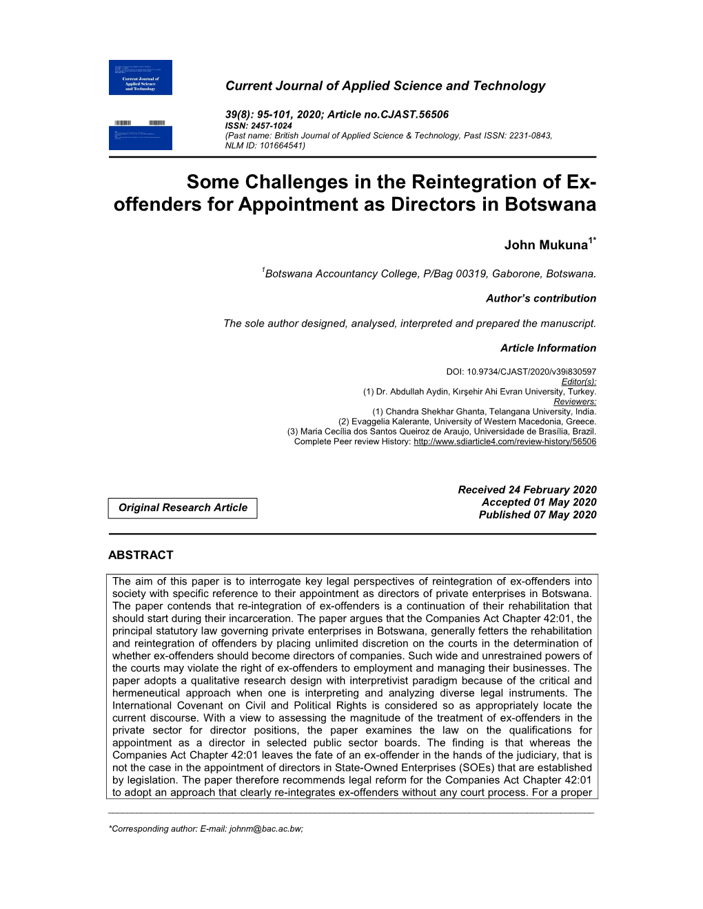 Some Challenges in the Reintegration of Ex- Offenders for Appointment As Directors in Botswana