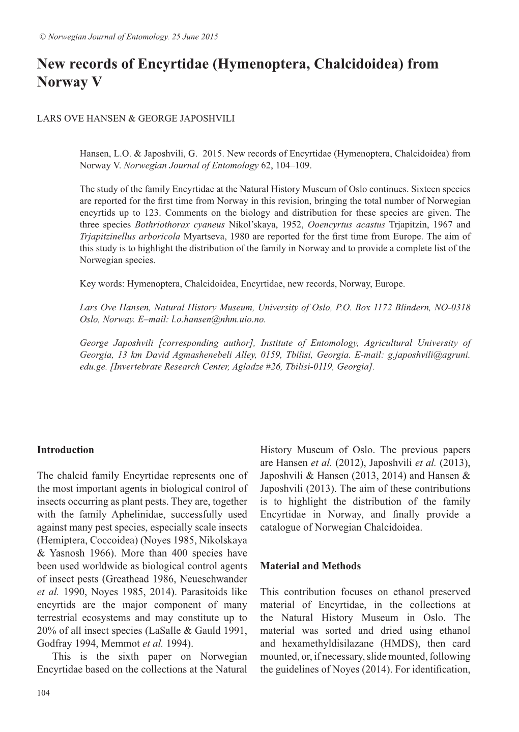 New Records of Encyrtidae (Hymenoptera, Chalcidoidea) from Norway V