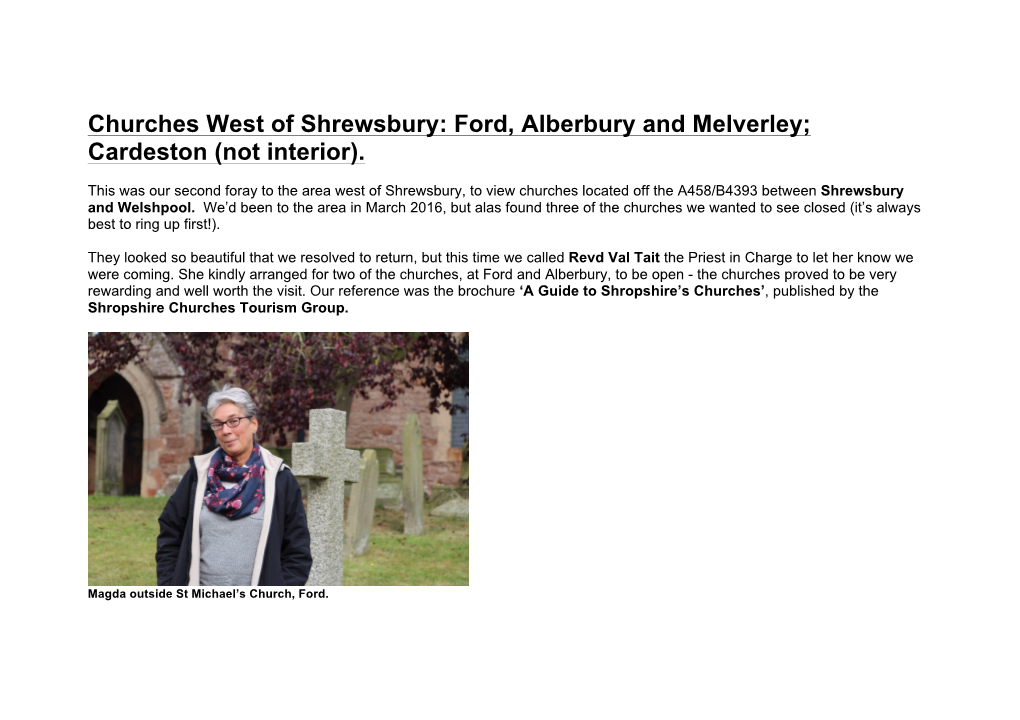 Churches West of Shrewsbury: Ford, Alberbury and Melverley; Cardeston (Not Interior)