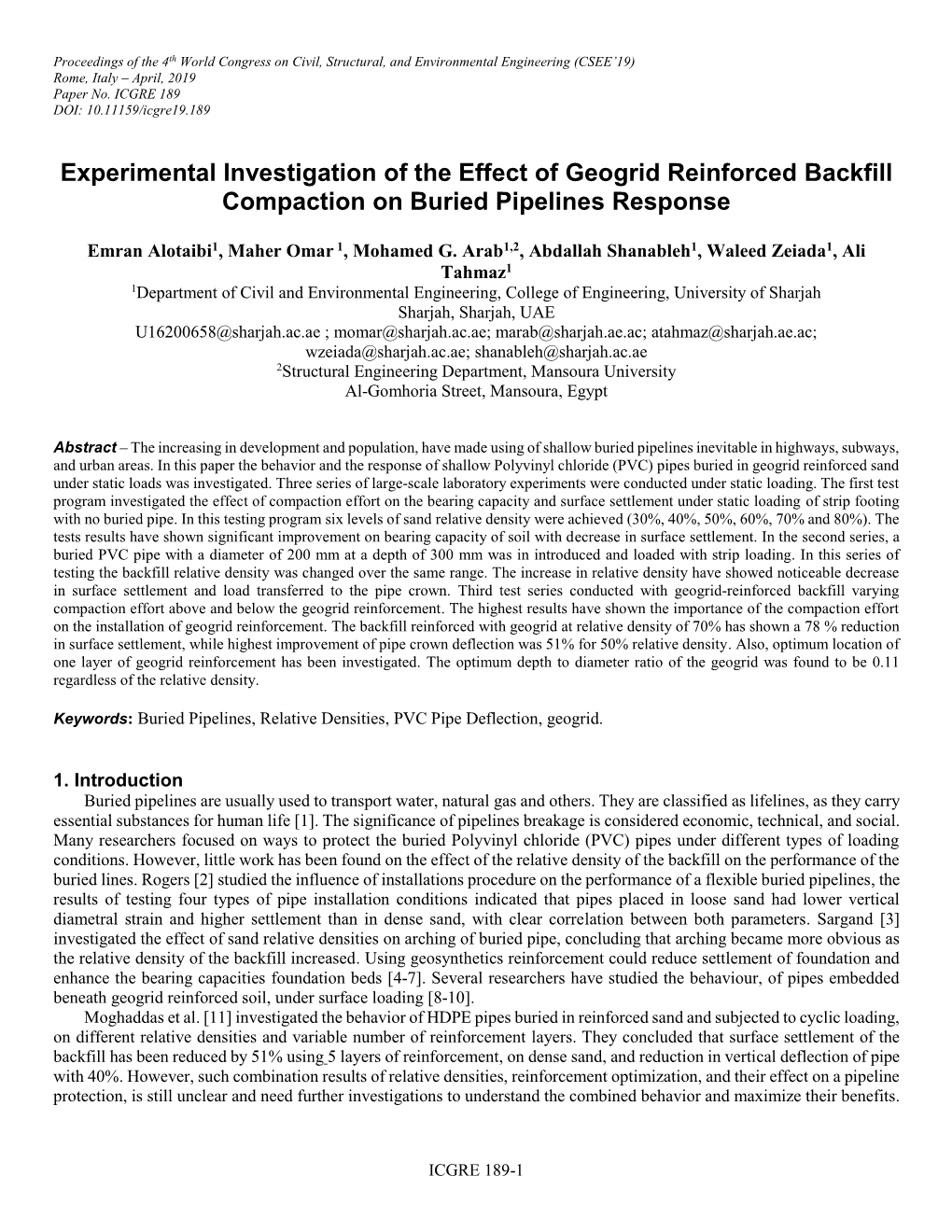 Experimental Investigation of the Effect of Geogrid Reinforced Backfill Compaction on Buried Pipelines Response