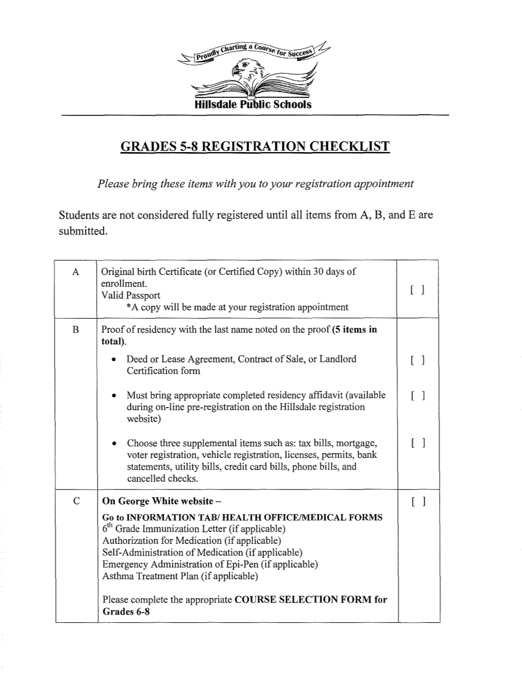Grades 5-8 Registration Checklist