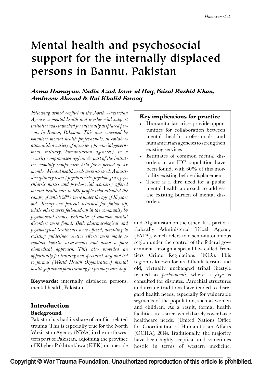 Mental Health and Psychosocial Support for the Internally Displaced Persons in Bannu, Pakistan