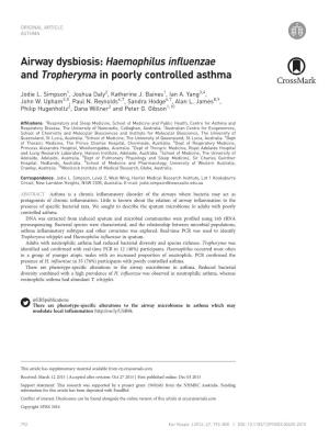 Airway Dysbiosis: Haemophilus Influenzae and Tropheryma in Poorly Controlled Asthma