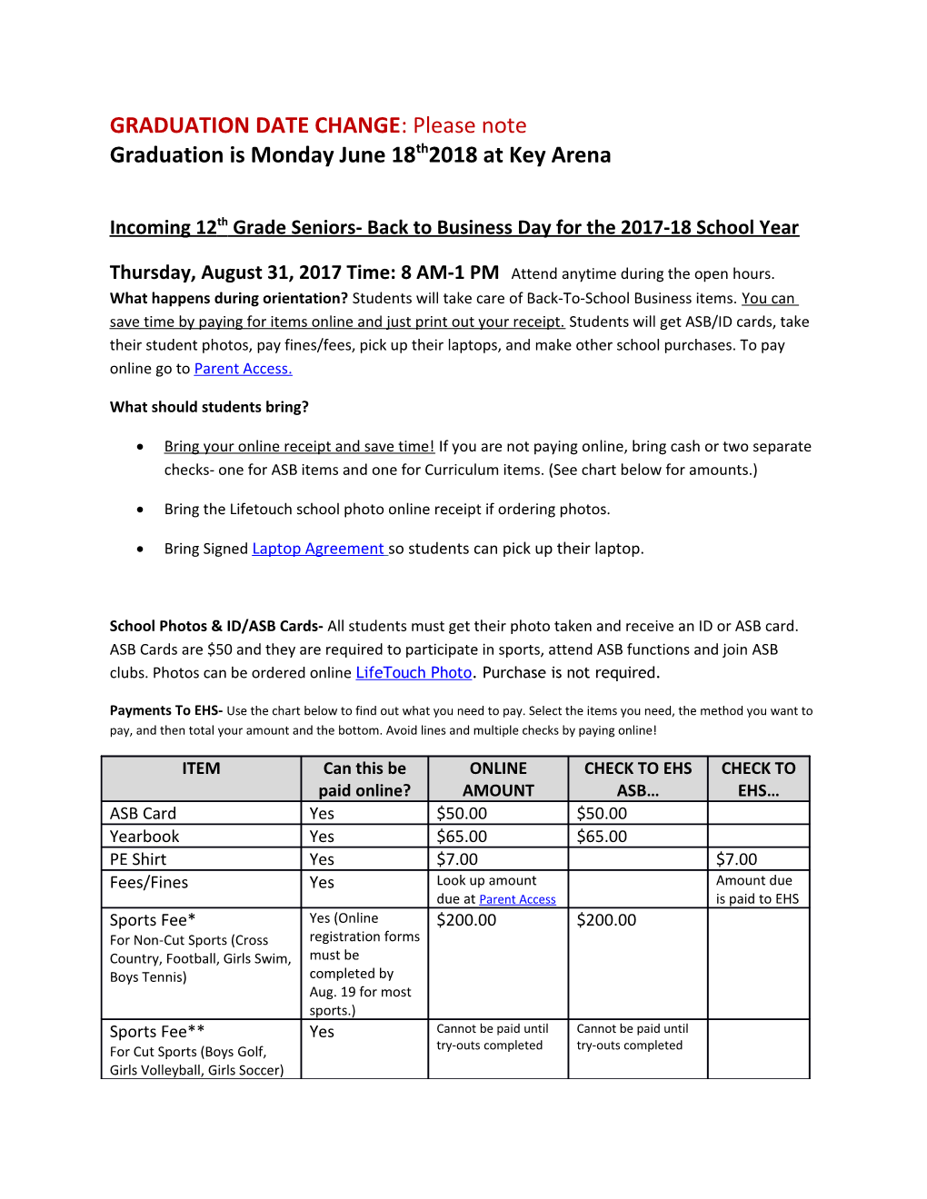 Incoming 12Th Grade Seniors- Back to Business Day for the 2017-18 School Year