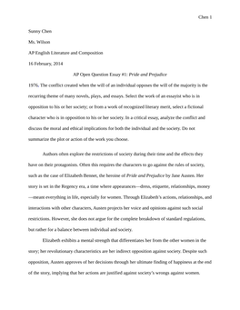 Chen 1 Sunny Chen Ms. Wilson AP English Literature and Composition 16 February, 2014 AP Open Question Essay #1: Pride and Prejud