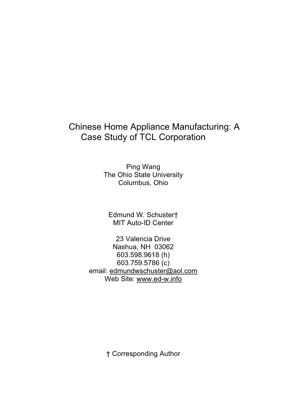 Chinese Home Appliance Manufacturing: a Case Study of TCL Corporation