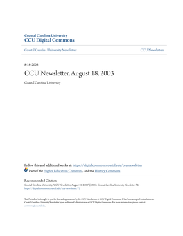CCU Newsletter, August 18, 2003 Coastal Carolina University
