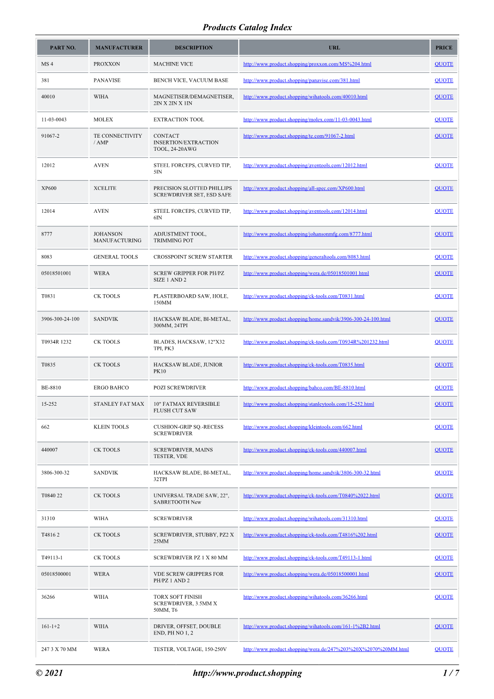 Products Catalog Index