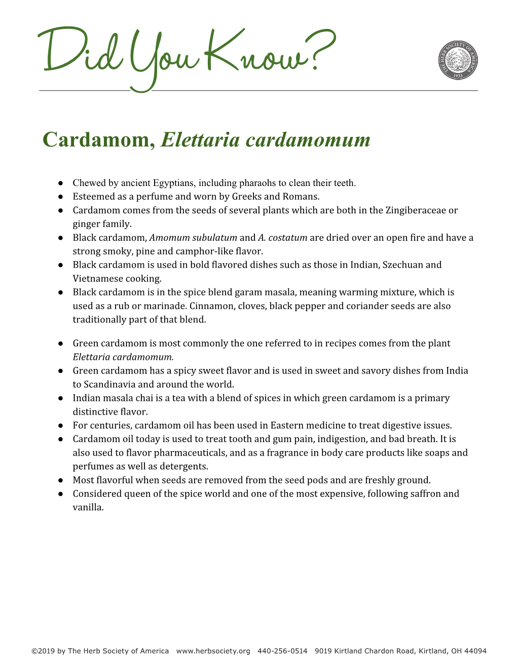 Cardamom, Elettaria Cardamomum