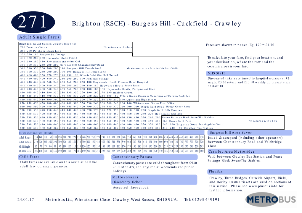 Brighton (RSCH) - Burgess Hill - Cuckfield - Crawley Adult Single Fares