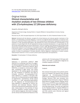 Original Article Clinical Characteristics and Mutation Analysis of Two Chinese Children with 17A-Hydroxylase/17,20-Lyase Deficiency