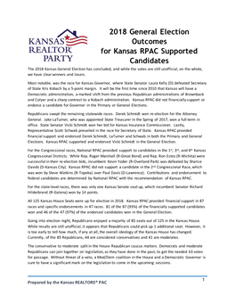 2018 General Election Outcomes for Kansas RPAC Supported Candidates