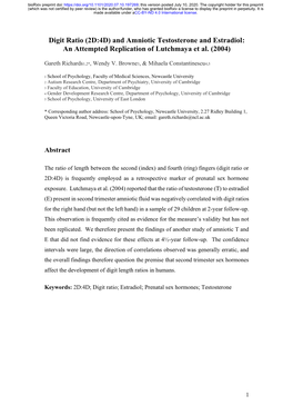 Digit Ratio (2D:4D) and Amniotic Testosterone and Estradiol: an Attempted Replication of Lutchmaya Et Al