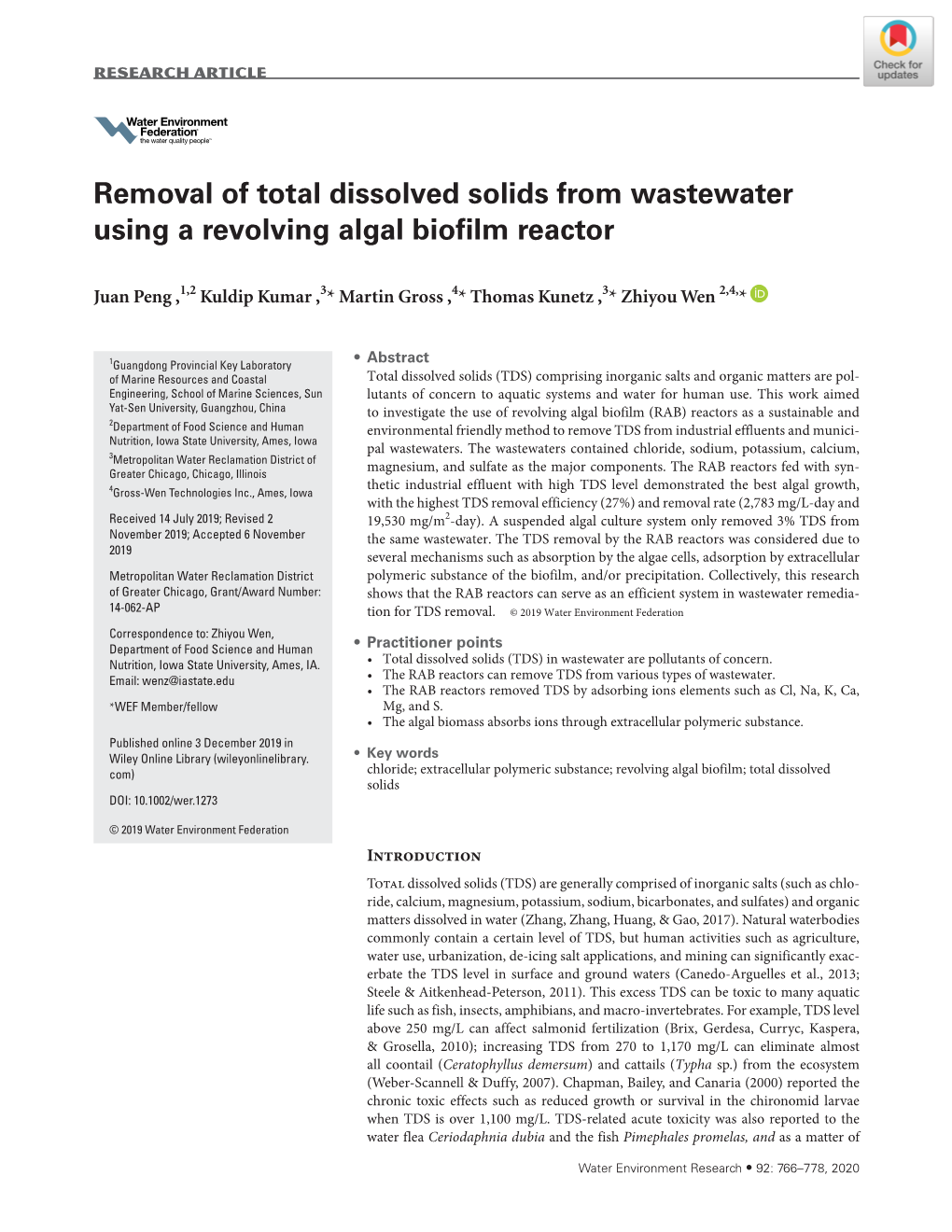 Removal of Total Dissolved Solids from Wastewater Using a Revolving Algal Biofilm Reactor