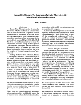 Kansas City, Missouri: the Experience of a Major Midwestern City Under Council Manager Government