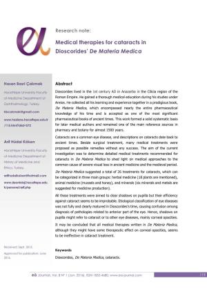 Medical Therapies for Cataracts in Dioscorides' De Materia Medica