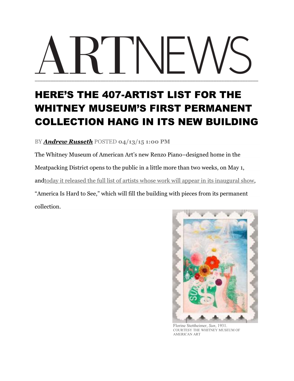 Here's the 407-Artist List for the Whitney Museum's First Permanent Collection Hang in Its New Building