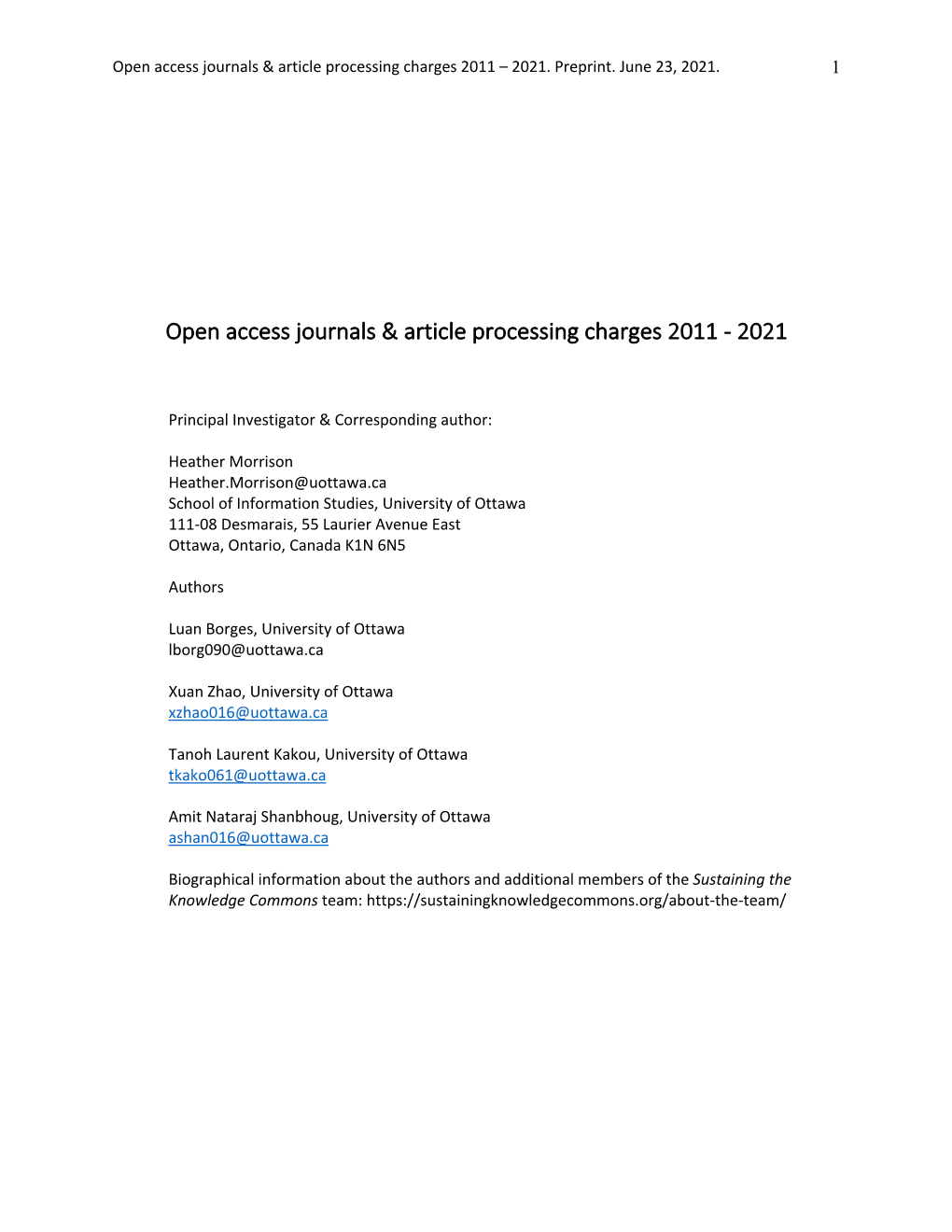 Open Access Journals & Article Processing Charges 2011