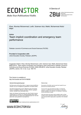 Team Implicit Coordination and Emergency Team Performance