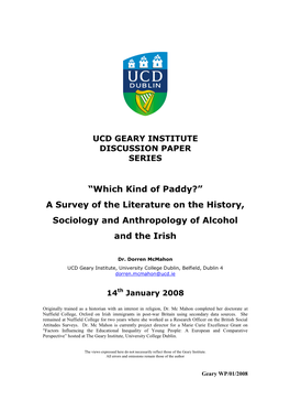 A Survey of the Literature on the History, Sociology and Anthropology of Alcohol and the Irish