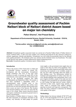 Groundwater Quality Assessment of Pachim Nalbari Block of Nalbari District Assam Based on Major Ion Chemistry