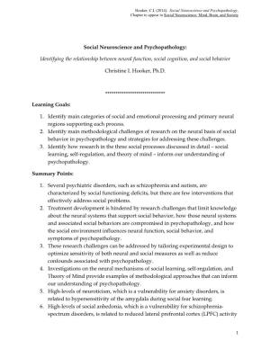 Social Neuroscience and Psychopathology: Identifying the Relationship Between Neural Function, Social Cognition, and Social Beha