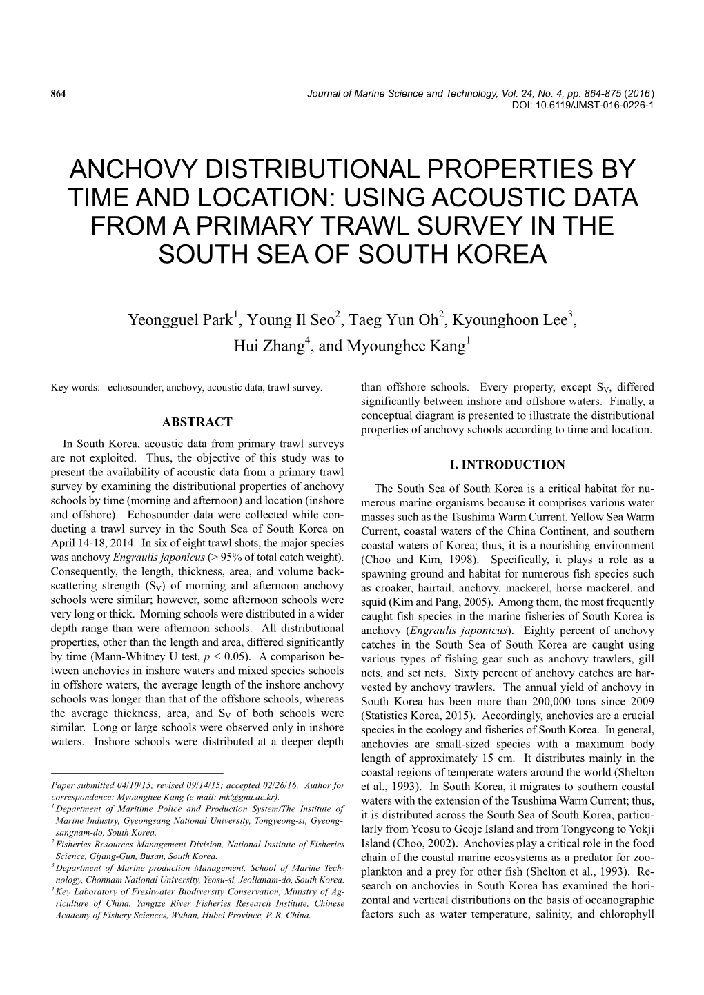 Using Acoustic Data from a Primary Trawl Survey in the South Sea of South Korea