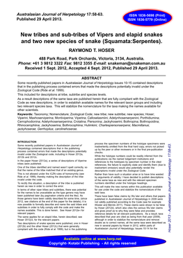 New Tribes and Sub-Tribes of Vipers and Elapid Snakes and Two New Species of Snake (Squamata:Serpentes)