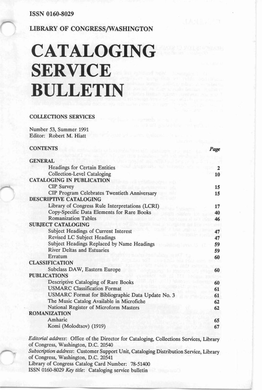 Cataloging Service Bulletin 053, Summer 1991