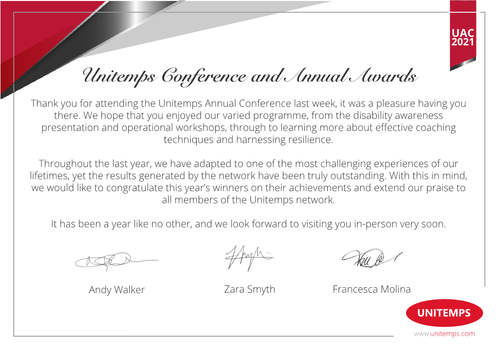 Unitemps Conference and Annual Awards Thank You for Attending the Unitemps Annual Conference Last Week, It Was a Pleasure Having You There