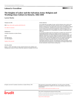 The Knights of Labor and the Salvation Army: Religion and Working-Class Culture in Ontario, 1882-1890 Lynne Marks