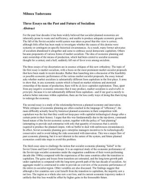 Mihnea Tudoreanu Three Essays on the Past and Future of Socialism