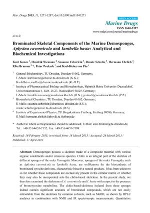 Brominated Skeletal Components of the Marine Demosponges, Aplysina Cavernicola and Ianthella Basta: Analytical and Biochemical Investigations