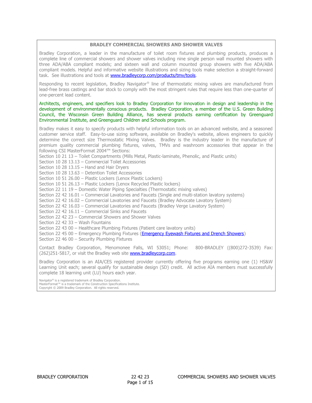 Section 224223 - Commercial Showers and Shower Valves