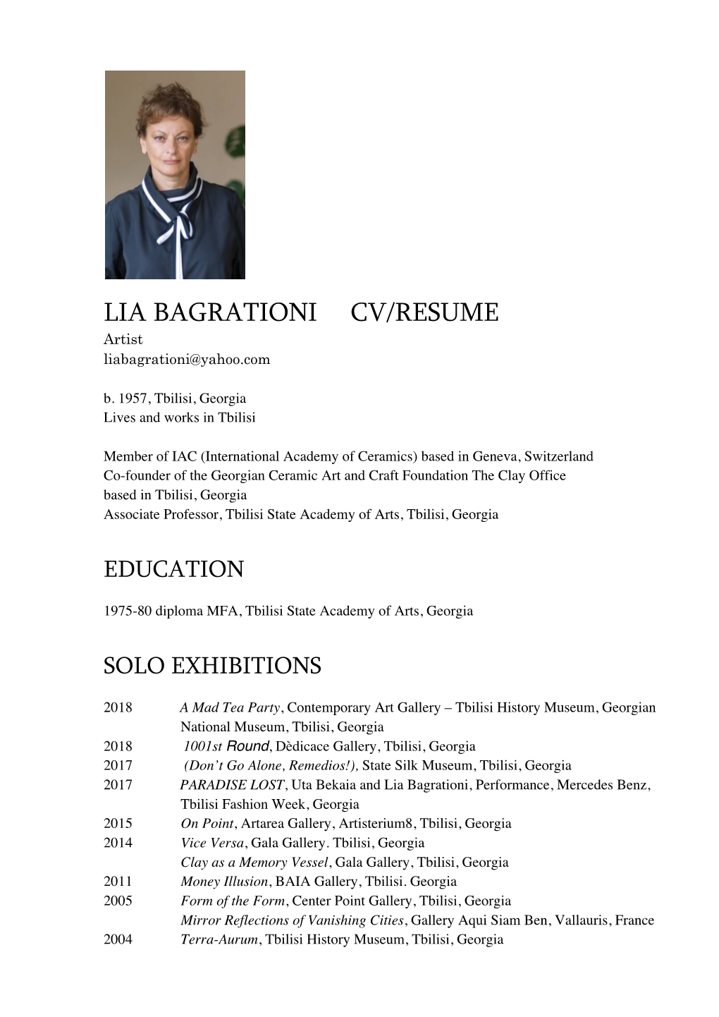 LIA BAGRATIONI CV/RESUME Artist Liabagrationi@Yahoo.Com B