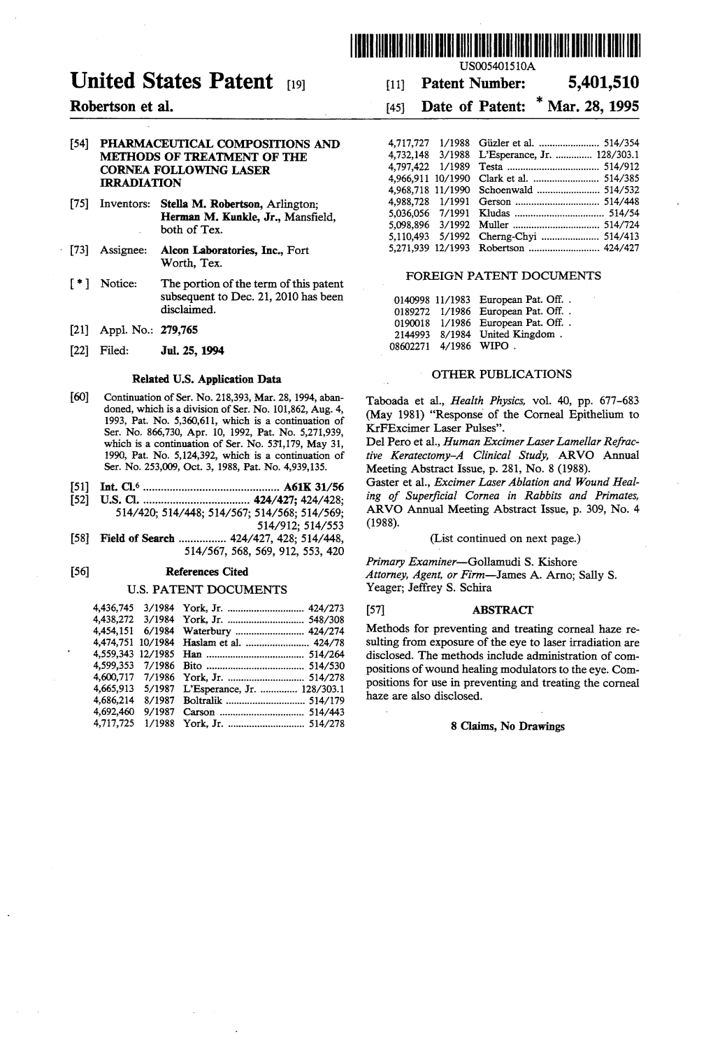 United States Patent 19 11 Patent Number: 5,401,510 Robertson Et Al