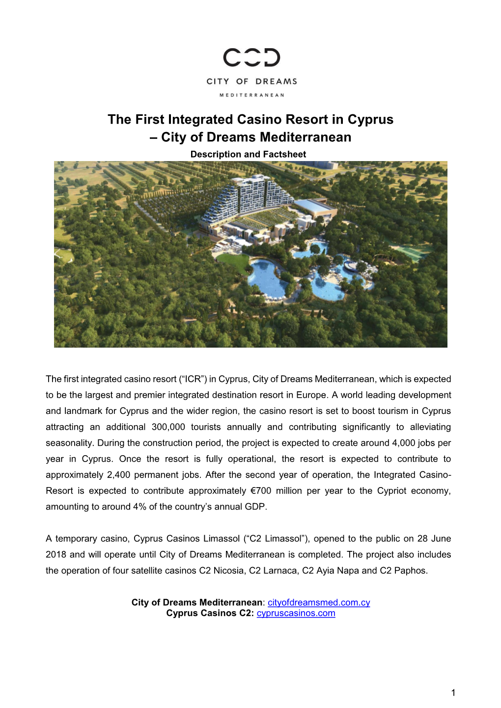 The First Integrated Casino Resort in Cyprus – City of Dreams Mediterranean Description and Factsheet