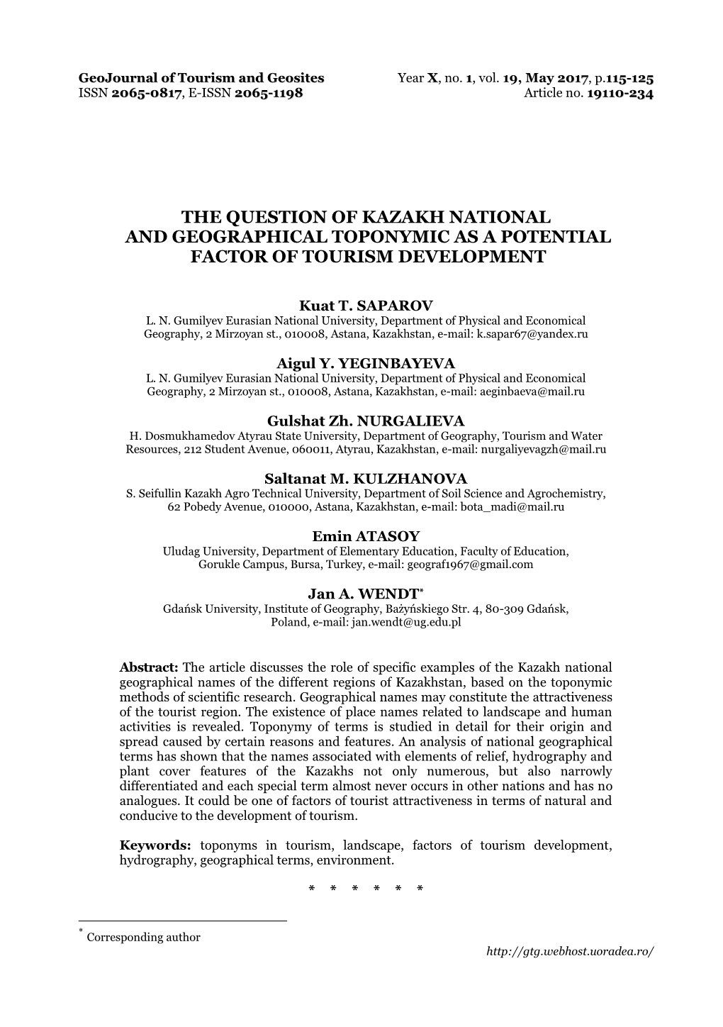 The Question of Kazakh National and Geographical Toponymic As a Potential Factor of Tourism Development