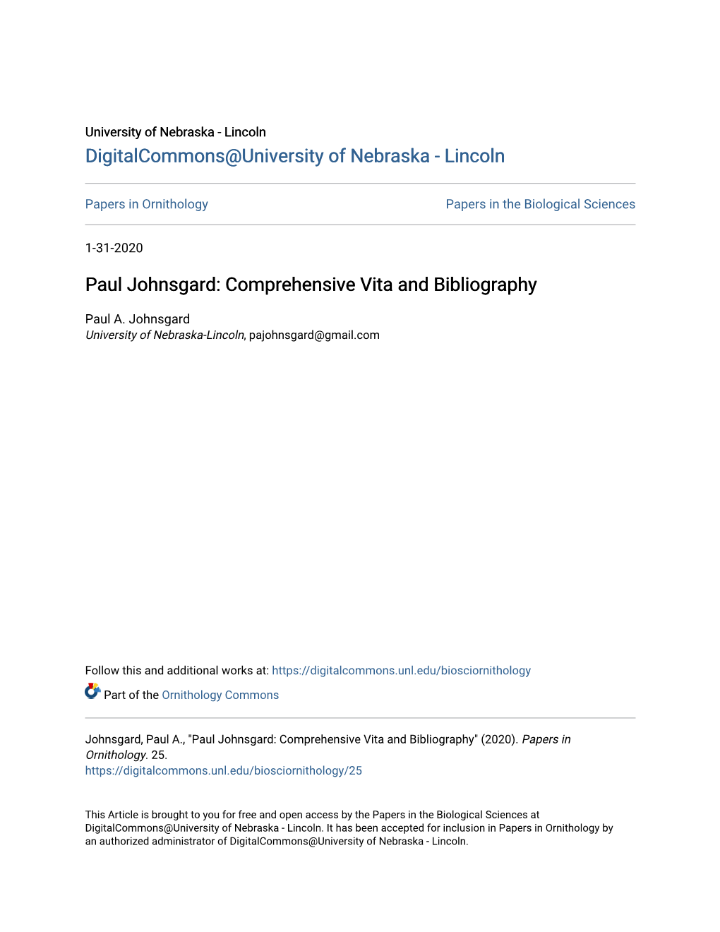 Paul Johnsgard: Comprehensive Vita and Bibliography