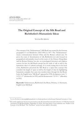 The Original Concept of the Silk Road and Richthofen's Humanistic Ideas