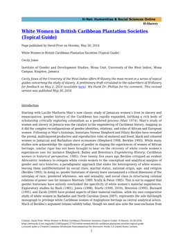 White Women in British Caribbean Plantation Societies (Topical Guide)