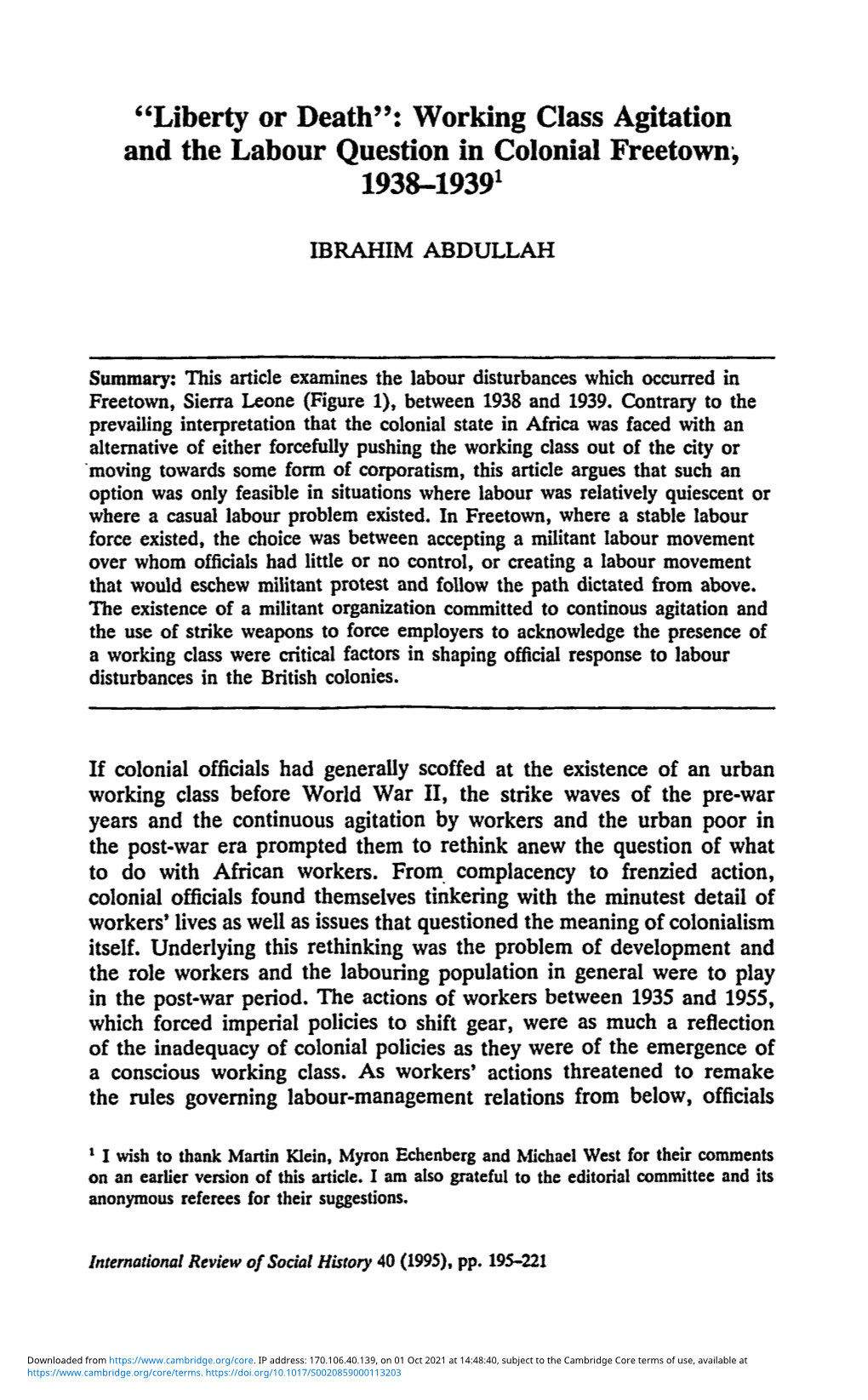 “Liberty Or Death”: Working Class Agitation and the Labour Question