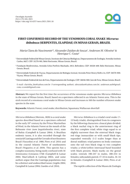 FIRST CONFIRMED RECORD of the VENOMOUS CORAL SNAKE Micrurus Ibiboboca (SERPENTES, ELAPIDAE) in MINAS GERAIS, BRAZIL