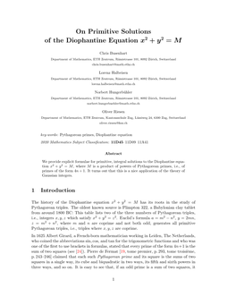 On Primitive Solutions of the Diophantine Equation X2 + Y2 = M