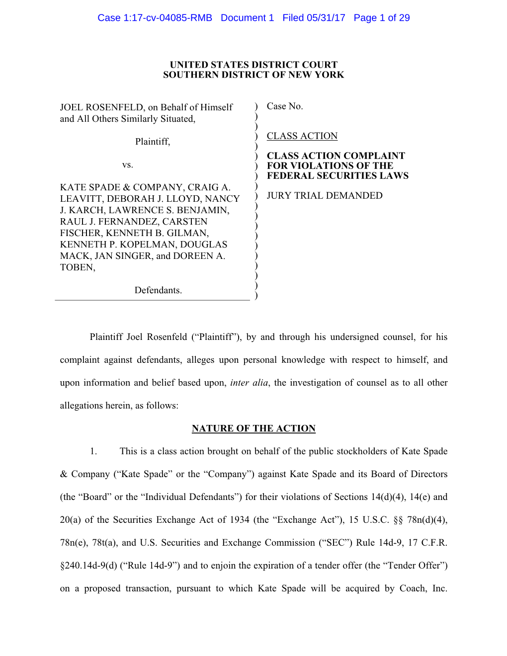 Joel Rosenfeld, Et Al. V. Kate Spade & Company, Et Al. 17-CV-04085