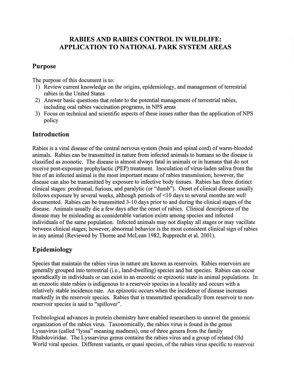 Rabies and Rabies Control in Wildlife: Application to National Park System Areas