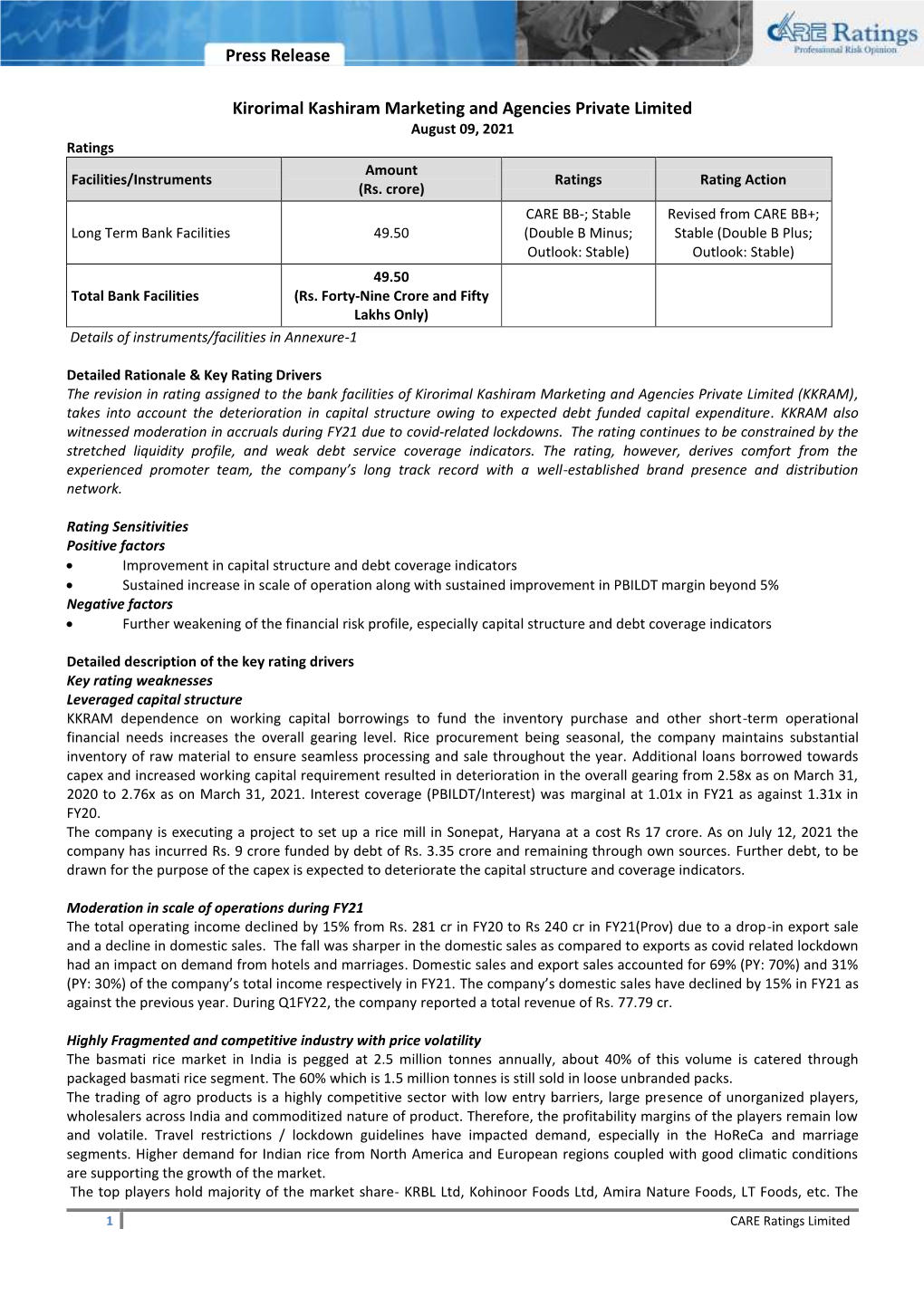 Press Release Kirorimal Kashiram Marketing and Agencies Private Limited