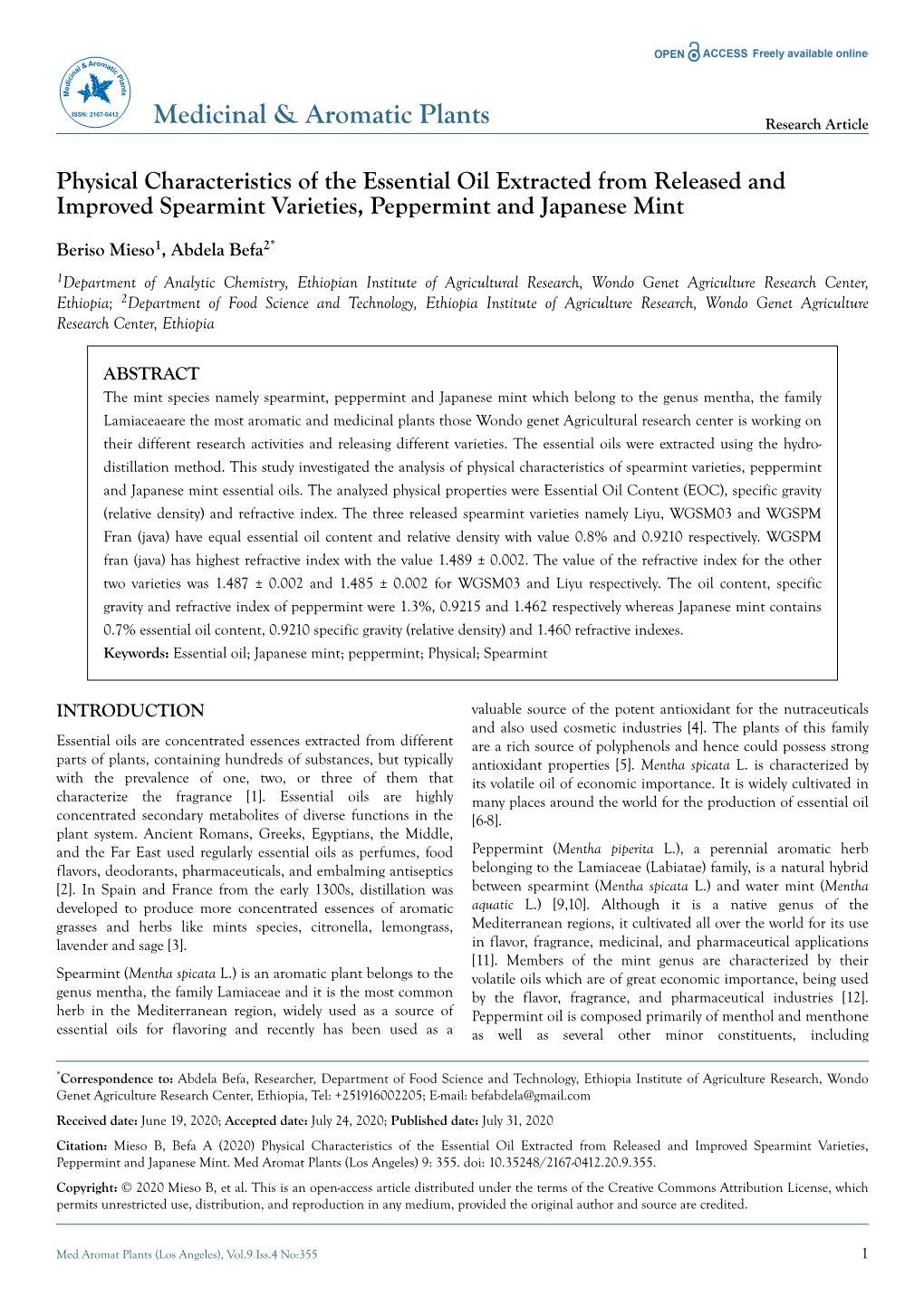 Physical Characteristics of the Essential Oil Extracted from Released and Improved Spearmint Varieties, Peppermint and Japanese Mint