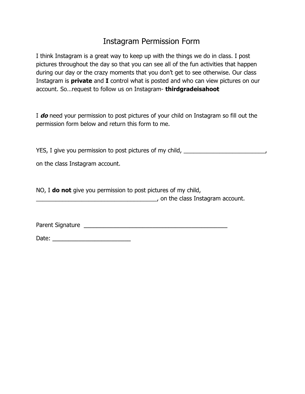 Instagram Permission Form