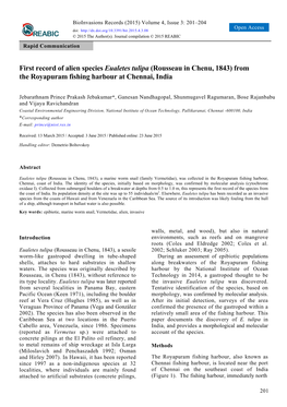 First Record of Alien Species Eualetes Tulipa (Rousseau in Chenu, 1843) from the Royapuram Fishing Harbour at Chennai, India